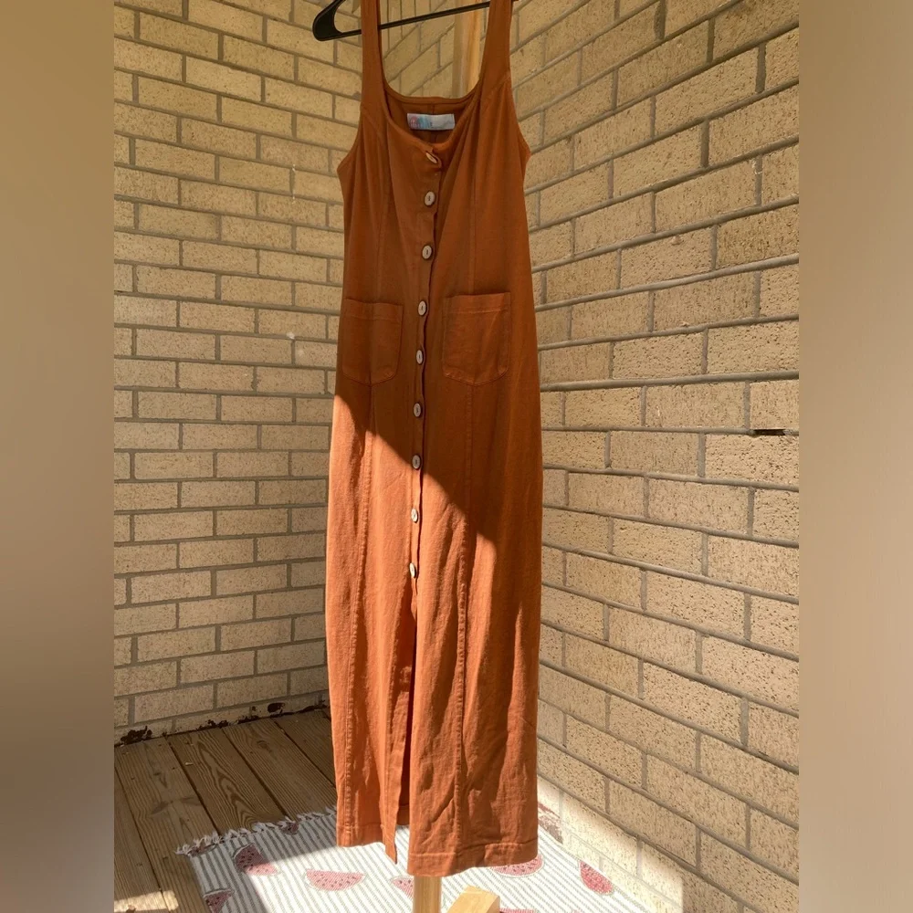 Free People 100% Cotton Wooden Button Front Pocket Front Orange Brown Dress